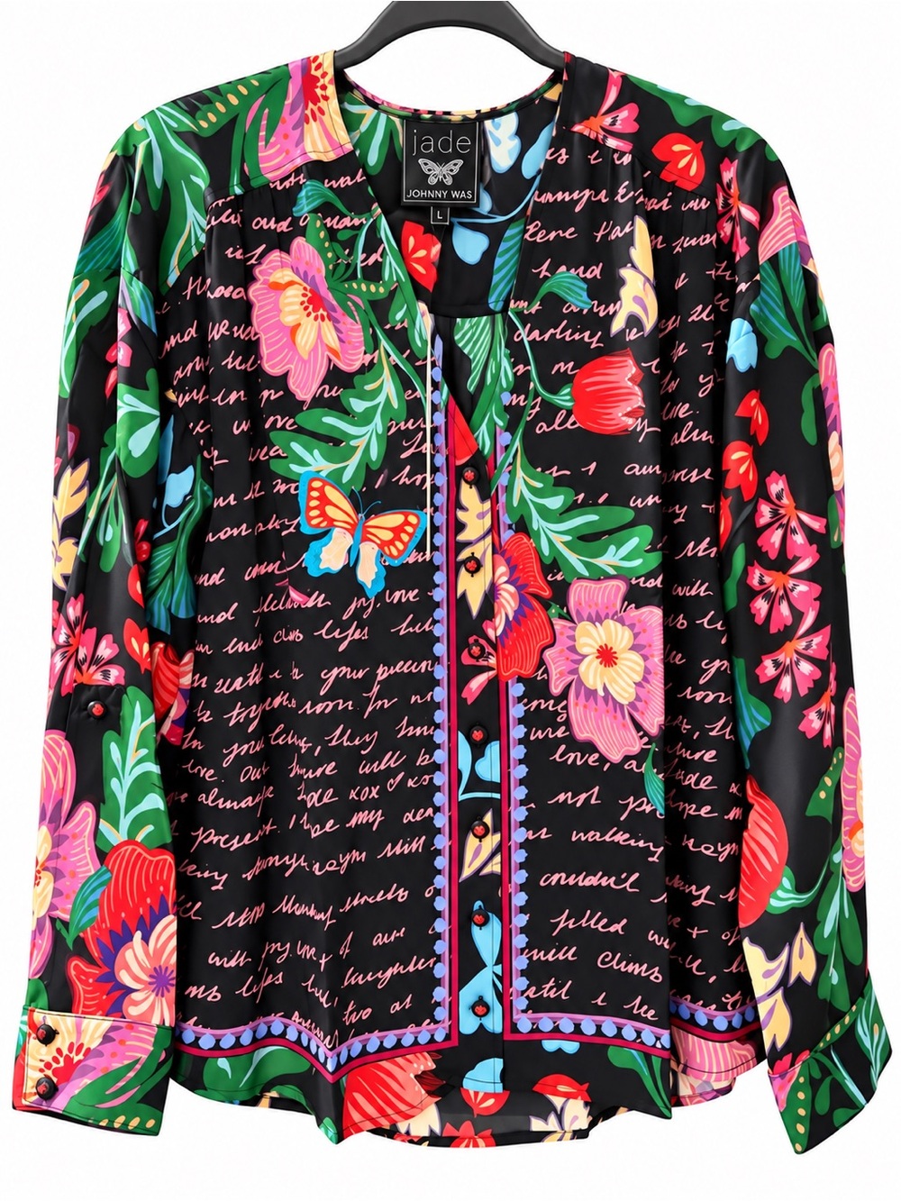 NWT Johnny Was Jade Aisha Button-Up Shirt – Black Floral Butterfly Print